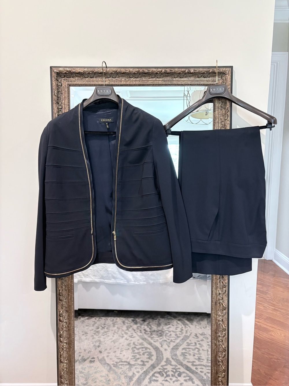 ESCADA Navy Gold Zip Jacket Wide Leg Pants Suit Set US16